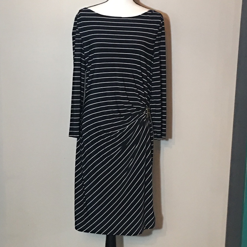 Tahari Navy Blue White Striped Dress Size 14